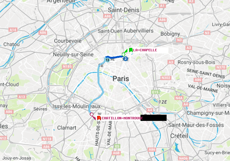 plan itinéraire ratp de La Chapelle à Châtillon Montrouge