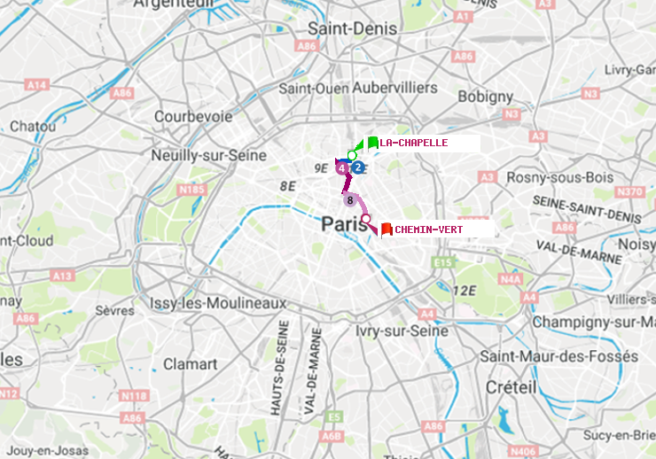 plan itinéraire ratp de La Chapelle à Chemin Vert