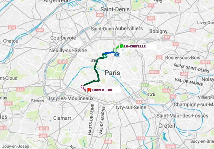 plan itinéraire ratp de La Chapelle à Convention