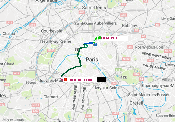 plan itinéraire ratp de La Chapelle à Corentin-Celton