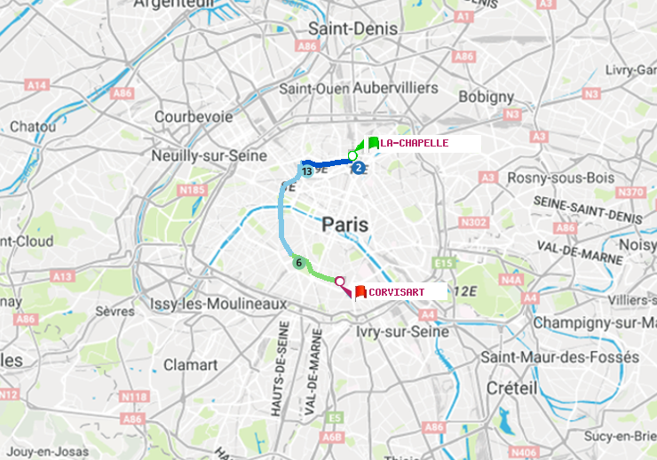 plan itinéraire ratp de La Chapelle à Corvisart