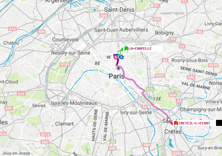plan itinéraire ratp de La Chapelle à Créteil-L