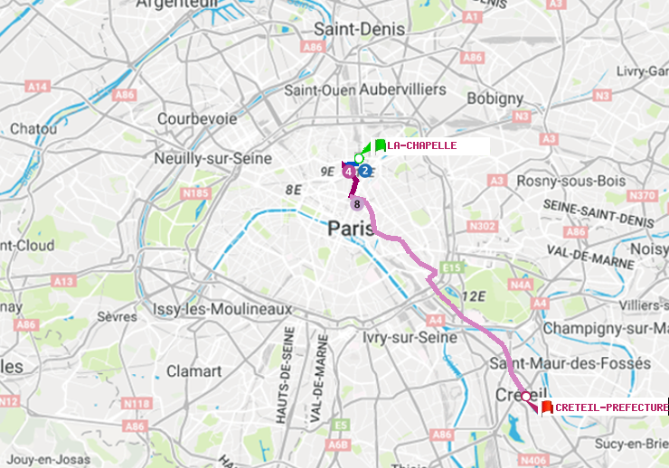 plan itinéraire ratp de La Chapelle à Créteil-Préfecture (Hôtel de Ville)