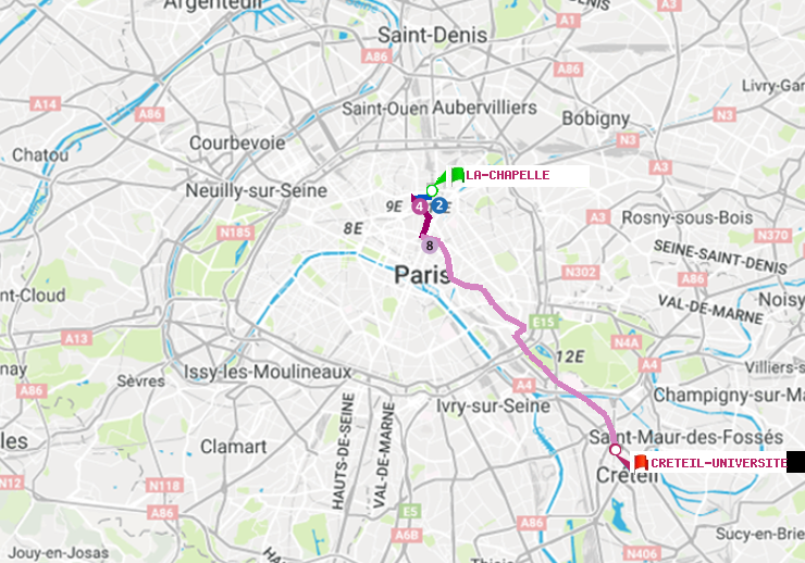 plan itinéraire ratp de La Chapelle à Créteil-Université