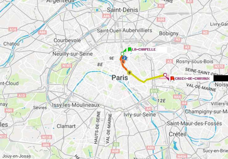 plan itinéraire ratp de La Chapelle à Croix-de-Chavaux (Jacques Duclos)