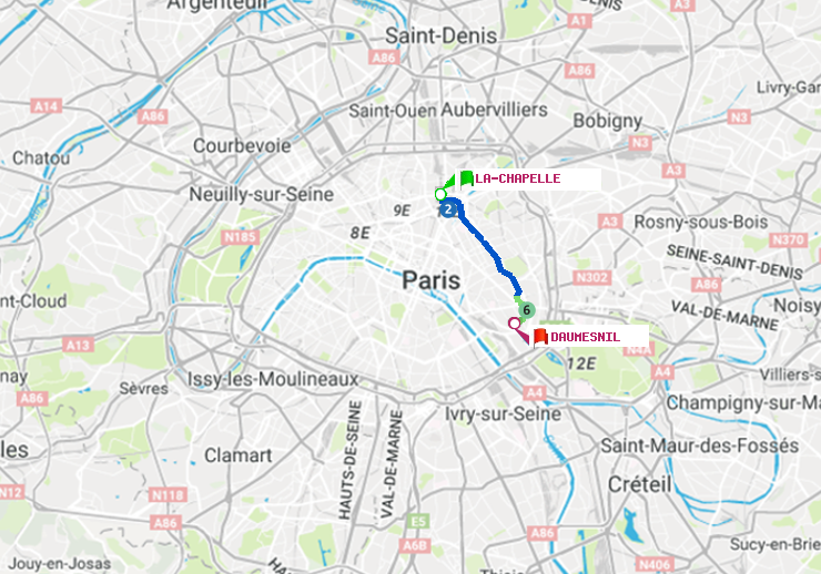 plan itinéraire ratp de La Chapelle à Daumesnil (Félix Eboué)