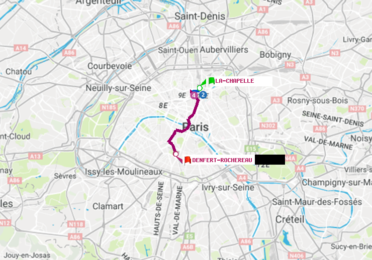 plan itinéraire ratp de La Chapelle à Denfert-Rochereau