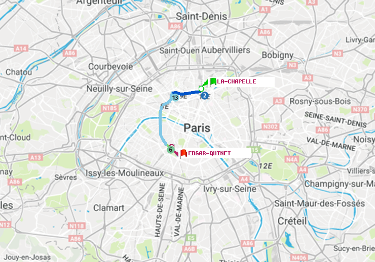 plan itinéraire ratp de La Chapelle à Edgar-Quinet