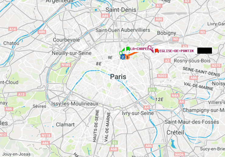 plan itinéraire ratp de La Chapelle à Eglise de Pantin