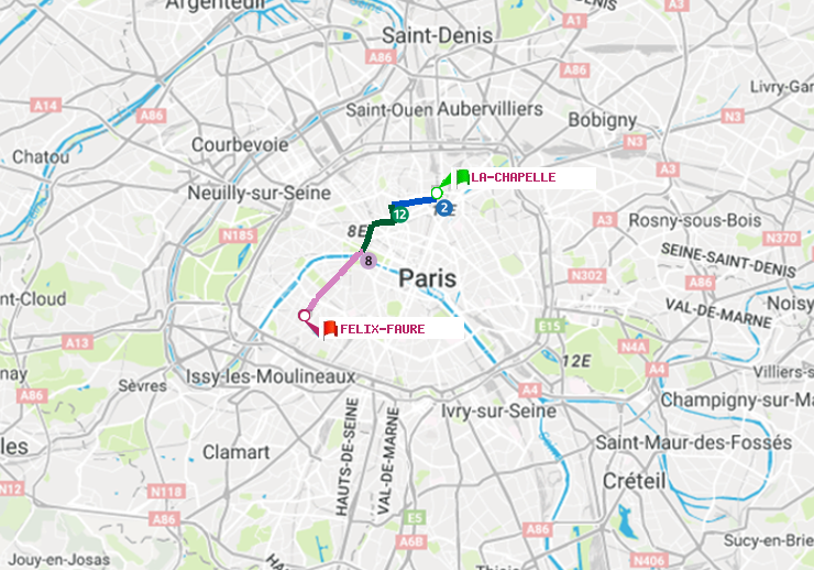 plan itinéraire ratp de La Chapelle à Félix Faure