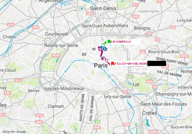 plan itinéraire ratp de La Chapelle à Filles du Calvaire