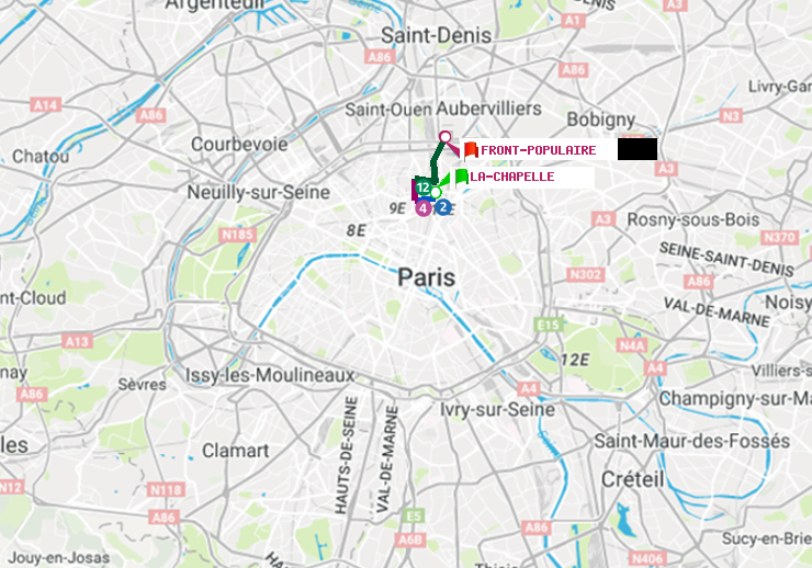 plan itinéraire ratp de La Chapelle à Front Populaire