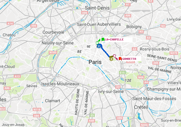 plan itinéraire ratp de La Chapelle à Gambetta