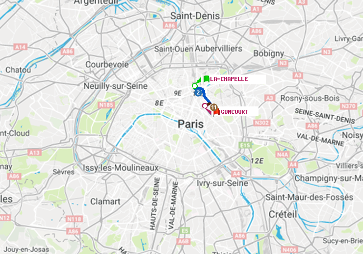 plan itinéraire ratp de La Chapelle à Goncourt (Hôpital Saint-Louis)