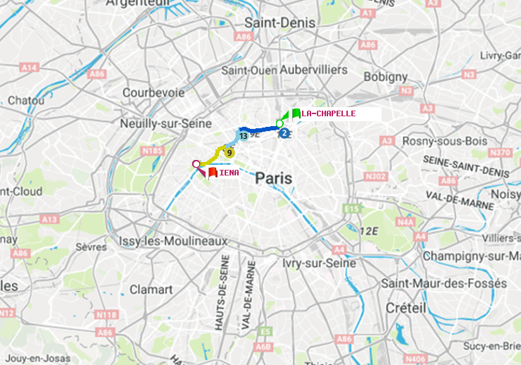 plan itinéraire ratp de La Chapelle à Iéna