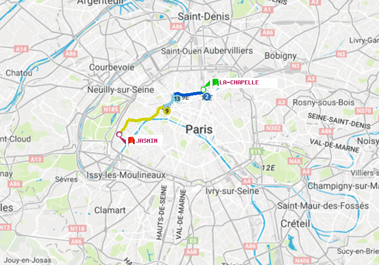 plan itinéraire ratp de La Chapelle à Jasmin
