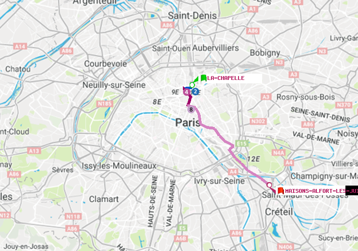 plan itinéraire ratp de La Chapelle à Maisons-Alfort-Les Juilliottes