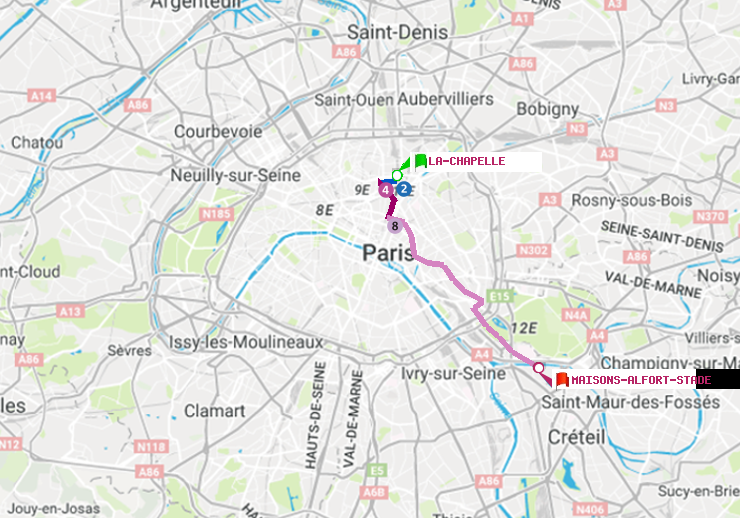 plan itinéraire ratp de La Chapelle à Maisons-Alfort-Stade