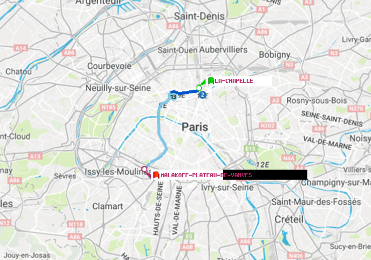 plan itinéraire ratp de La Chapelle à Malakoff-Plateau de Vanves