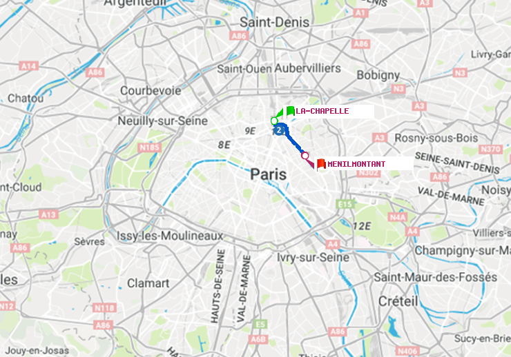 plan itinéraire ratp de La Chapelle à Ménilmontant