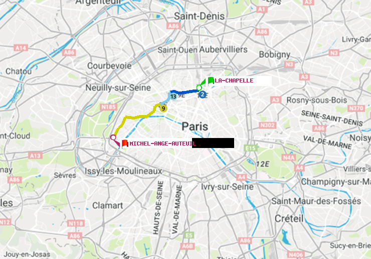 plan itinéraire ratp de La Chapelle à Michel-Ange-Auteuil