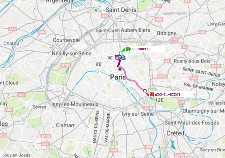 plan itinéraire ratp de La Chapelle à Michel Bizot