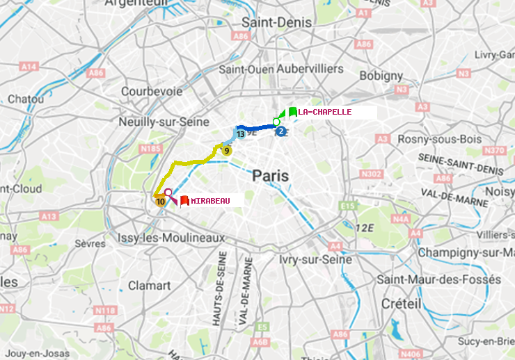 plan itinéraire ratp de La Chapelle à Mirabeau