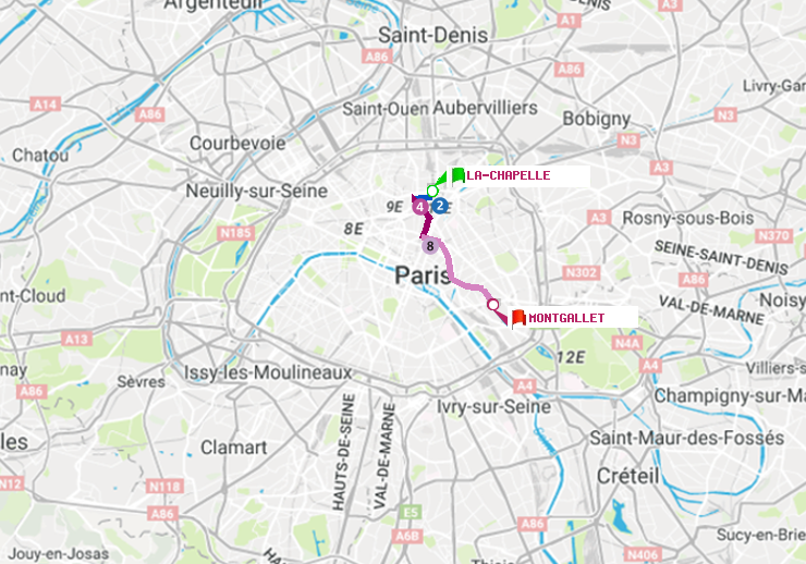 plan itinéraire ratp de La Chapelle à Montgallet