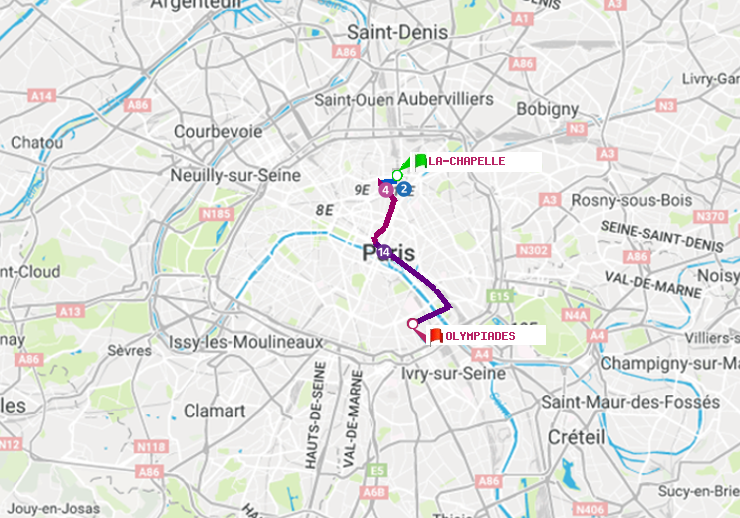plan itinéraire ratp de La Chapelle à Olympiades