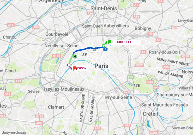 plan itinéraire ratp de La Chapelle à Passy