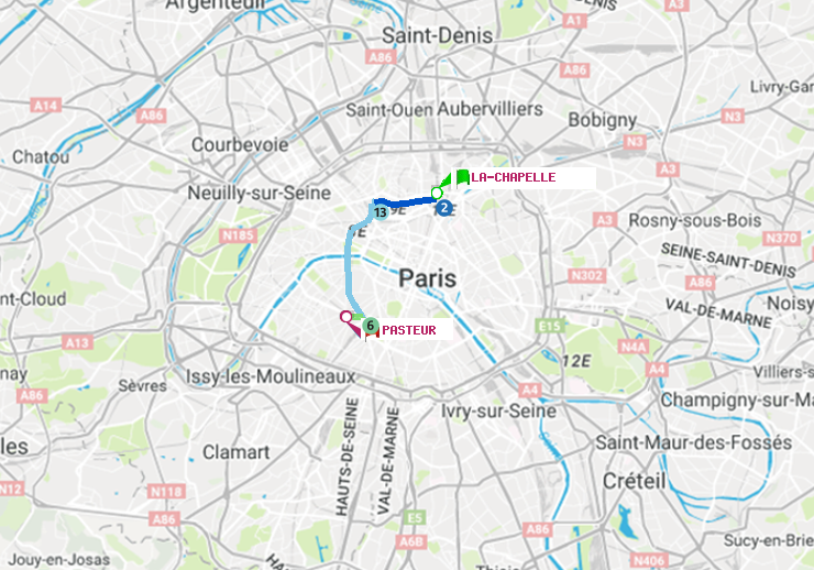 plan itinéraire ratp de La Chapelle à Pasteur