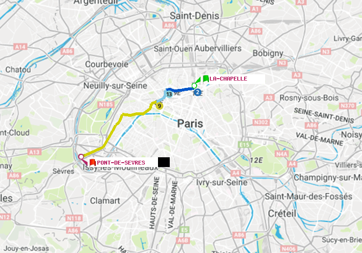 plan itinéraire ratp de La Chapelle à Pont de Sèvres