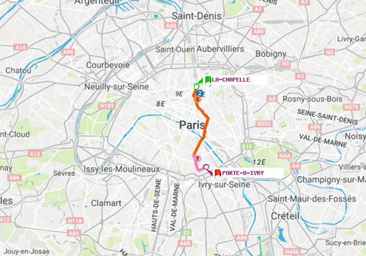 plan itinéraire ratp de La Chapelle à Porte d