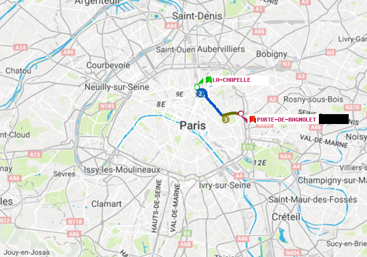 plan itinéraire ratp de La Chapelle à Porte de Bagnolet