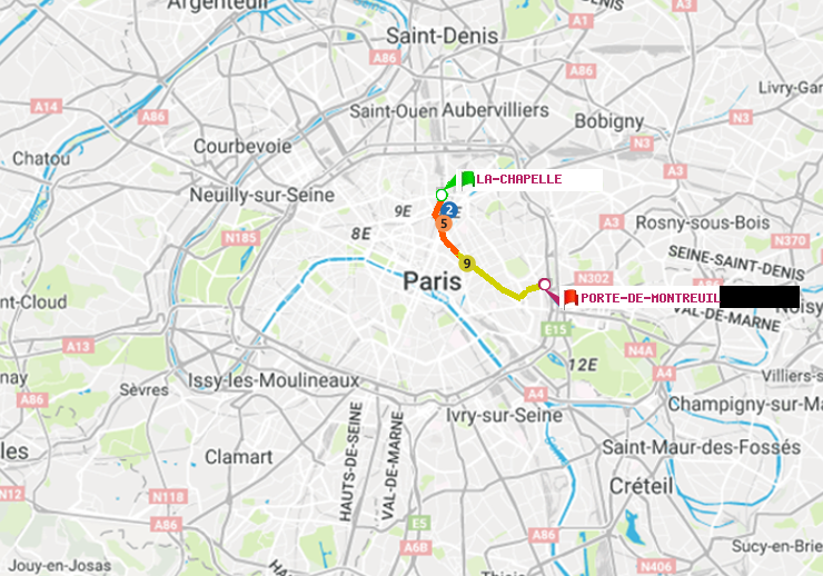 plan itinéraire ratp de La Chapelle à Porte de Montreuil