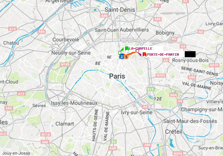 plan itinéraire ratp de La Chapelle à Porte de Pantin