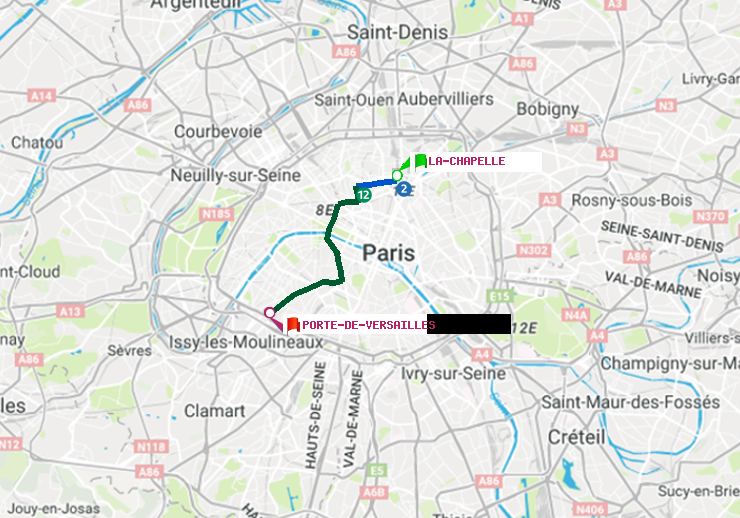 plan itinéraire ratp de La Chapelle à Porte de Versailles