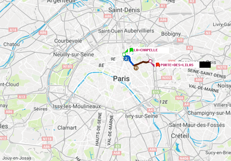 plan itinéraire ratp de La Chapelle à Porte des Lilas