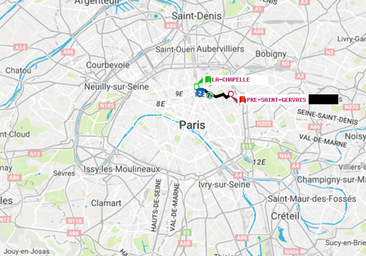 plan itinéraire ratp de La Chapelle à Pré-Saint-Gervais