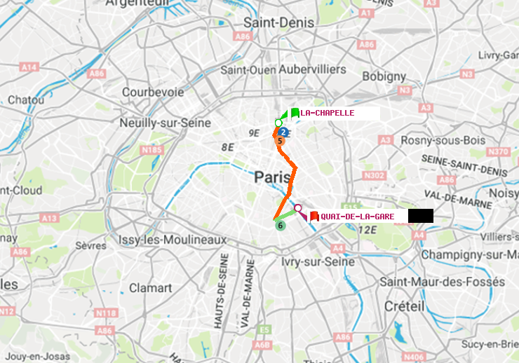 plan itinéraire ratp de La Chapelle à Quai de la Gare