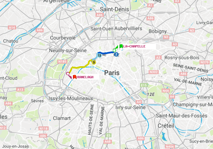 plan itinéraire ratp de La Chapelle à Ranelagh