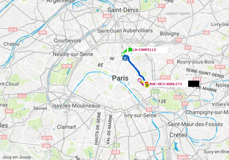 plan itinéraire ratp de La Chapelle à Rue des Boulets