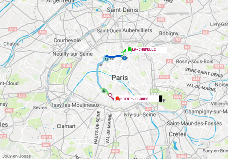 plan itinéraire ratp de La Chapelle à Saint-Jacques