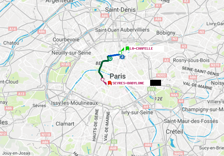 plan itinéraire ratp de La Chapelle à Sèvres-Babylone