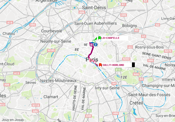 plan itinéraire ratp de La Chapelle à Sully-Morland
