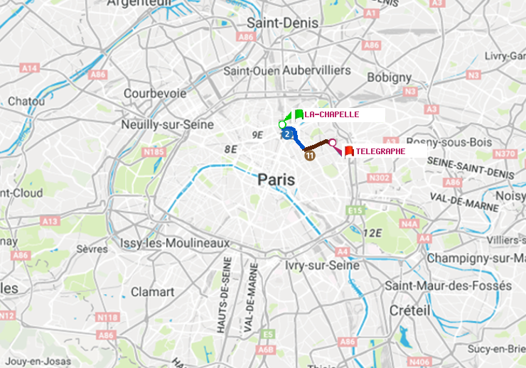 plan itinéraire ratp de La Chapelle à Telegraphe