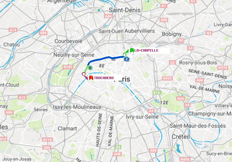 plan itinéraire ratp de La Chapelle à Trocadéro