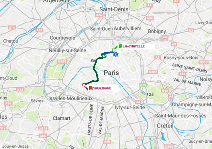 plan itinéraire ratp de La Chapelle à Vaugirard (Adolphe Chérioux)
