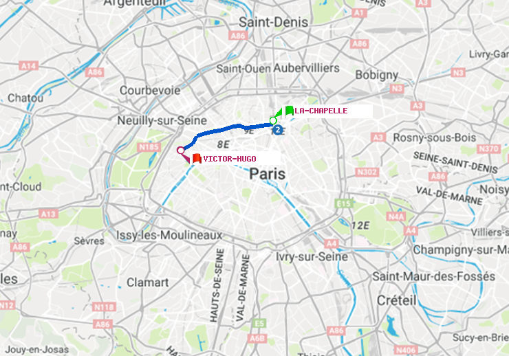 plan itinéraire ratp de La Chapelle à Victor Hugo