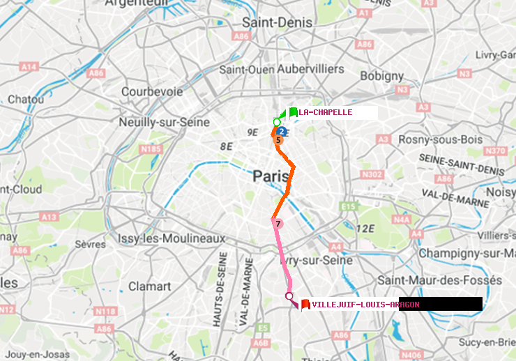 plan itinéraire ratp de La Chapelle à Villejuif-Louis Aragon